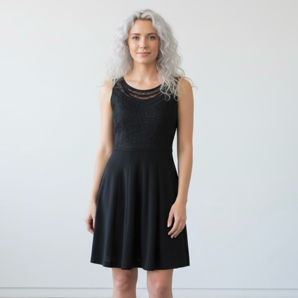 Diane Von Furstenburg Ideli Lace Sleeveless Point Knit Black Midi Dress